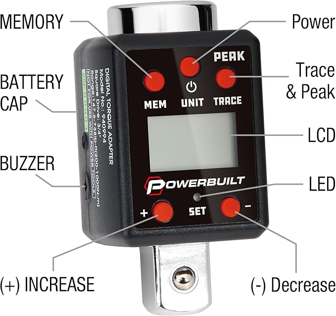 Powerbuilt 3/4-Inch Drive Digital Torque Adapter, 147.5-737.5 Ft-Lb and 200-1000 Nm, Alert Signals Torque Setting, Electronic Torque Wrench Converter with Digital Display, ±2% Accuracy - 940994