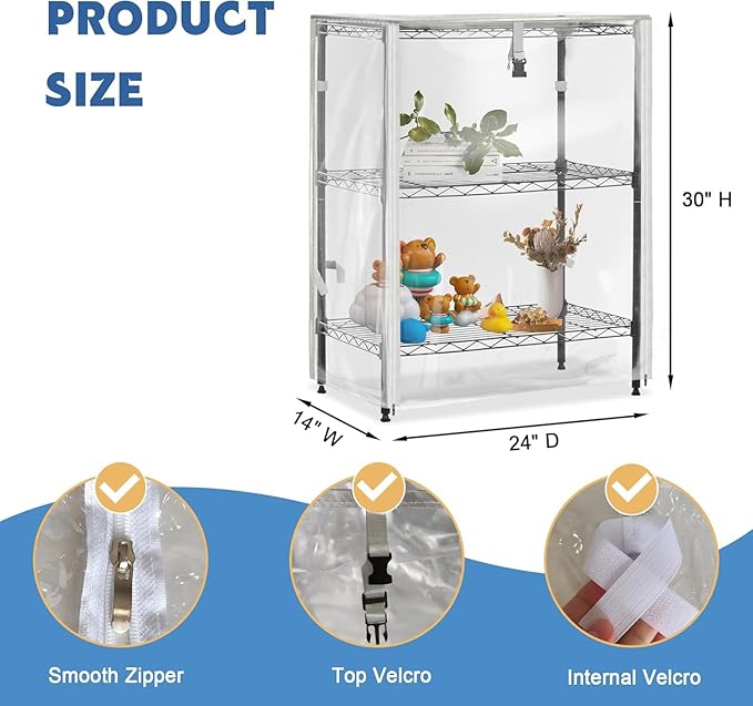PVC Waterproof 3 Shelf Wire Rack for Wire Shelf Cover - 24" W x 14" D x 30" H - Protects from Dust and Debris - Only Cover (Transparent)