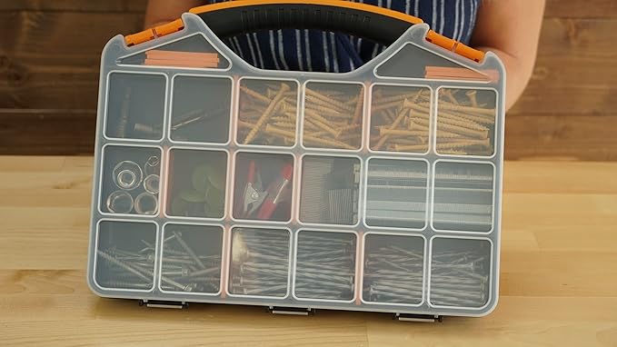 Massca Hardware Organizer box with dividers - 18 Compartments Small Parts Organizer with Accessible Hinged Lid - Durable Plastic Screw Organizer Store Nuts, Bolts, Screws, Nails, & Small Hardware