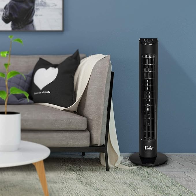 Simple Deluxe 32-Inch Oscillating Tower Fan for Bedroom with Remote Control and 3 Speeds, 3 Modes, Low Noisy Bladeless Fan for Indoor Home Office, Black