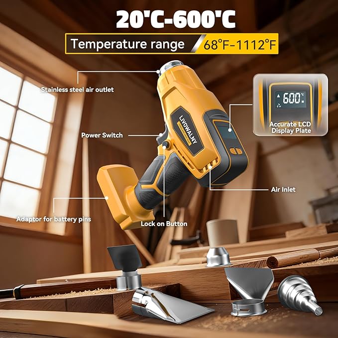 LIVOWALNY Cordless Heat Gun Compatible with Dewalt 20V Battery, 260W High Power Hot Air Gun (68°F-1112°F) & Airflow Control Digital Display for Shrink Wrapping Crafting(Battery Not Included)