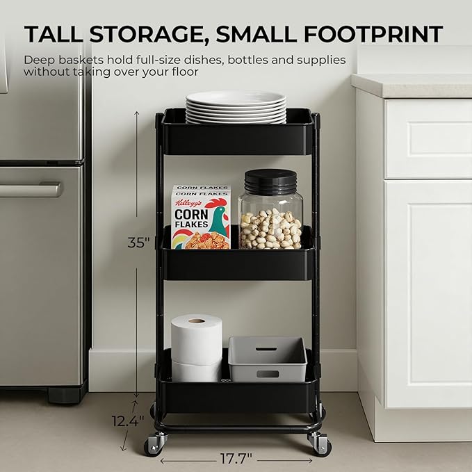 3 Tier Rolling Cart with Wheels for Home Organization, No Wobble Metal Utility Cart with Locking Casters, Adjustable Shelves Tool-Free Assembly Rolling Storage Cart for Kitchen Bathroom Laundry Room
