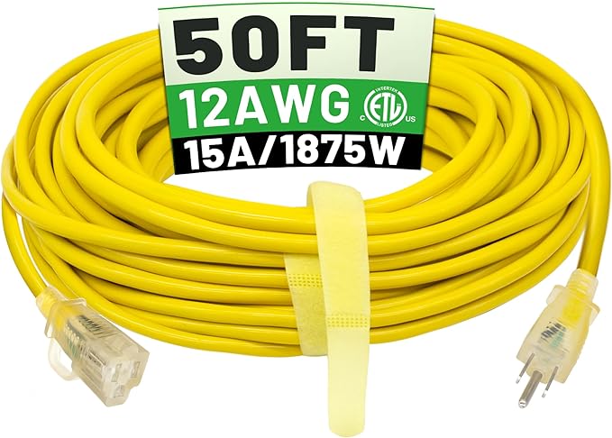 POWGRN 50 ft 12/3 Outdoor Extension Cord Waterproof Heavy Duty with Lighted Indicator End 12 Gauge 3 Prong, Flexible Cold-Resistant Long Power Cord Outside, 15Amp 1875W SJTW Yellow ETL Listed