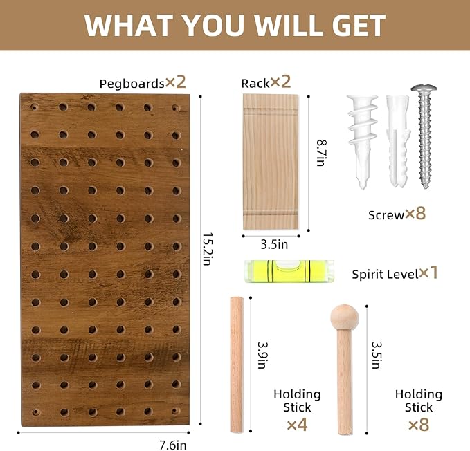 Brown Wood Pegboard Modular Display Wooden Pegboard Combination Wall Organizer Storage Wall Hooks Shelf for Home, Office, Bathroom, Comes with 2 Pieces Pegboards