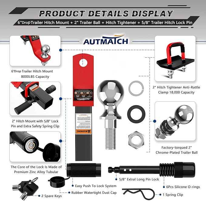 AUTMATCH Trailer Hitch Ball Mount with 2 Inch Hitch Ball - Fits 2" Receiver with Hitch Tightener, 8000Lbs Capacity Ball Hitch, 6-Inch Drop with 5/8" Hitch Lock Pin, Red & Black