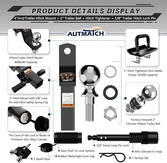 AUTMATCH Trailer Hitch Ball Mount with 2 Inch Hitch Ball - Fits 2" Receiver with Hitch Tightener, 8000Lbs Capacity Ball Hitch, 4-Inch Drop with 5/8" Hitch Lock Pin, Black