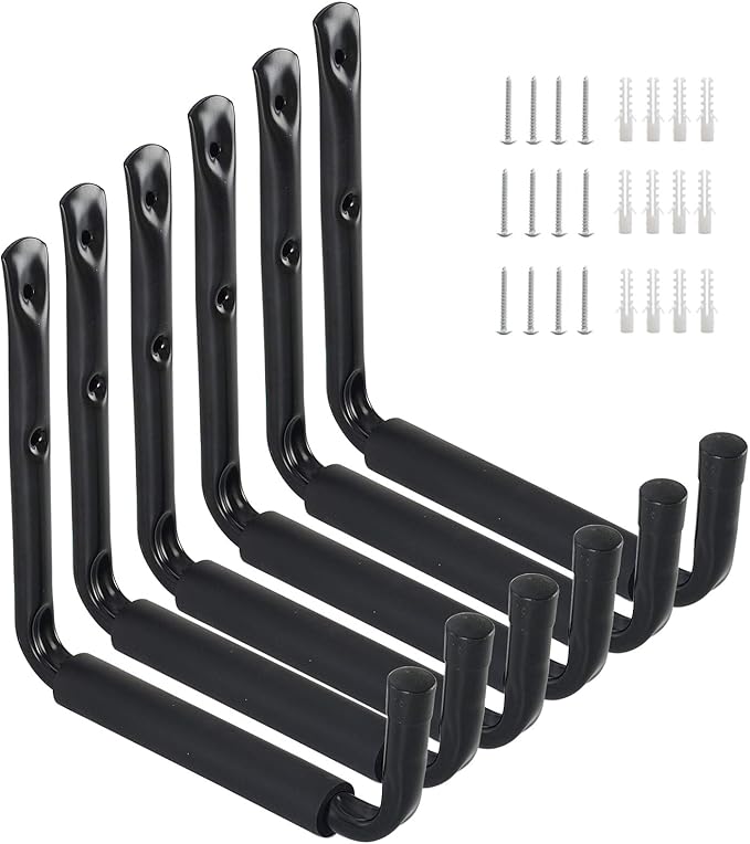 Ihomepark Heavy Duty Garage Storage Utility Hooks with 9''Jumbo Arm, Wall Mount Garage Hanger & Organizer for Ladder Tool Chair Hose(6 Pack - Black)