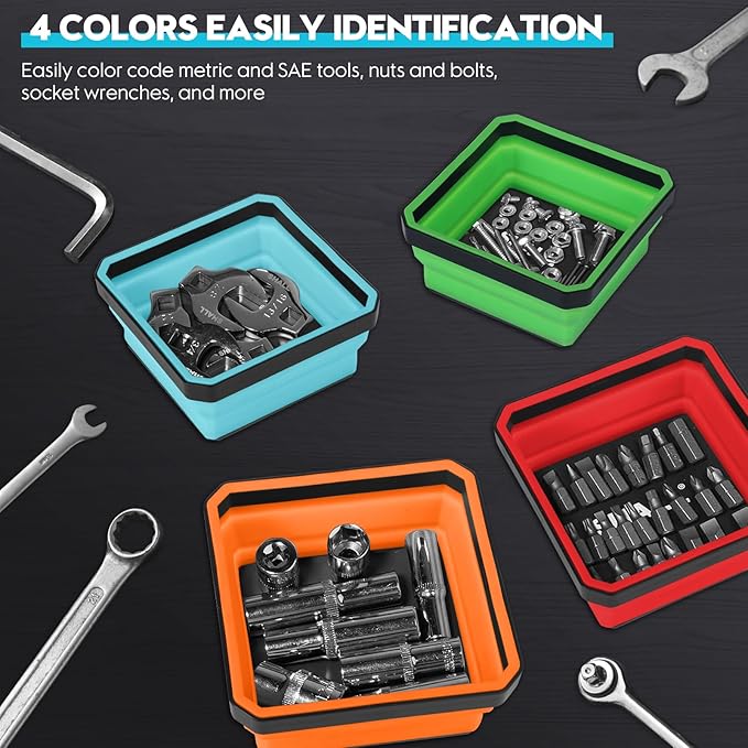 Upgrade Collapsible Magnetic Parts Tray Set-4 Pack Magnetic Tool Trays for Screw Bolts Nuts Washers Pins & Small Metal Parts, 4.5” Square Silicone Bowls with Magnetic Base(4 Color)