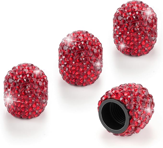 JUSTTOP 4 Pack Handmade Crystal Rhinestone Car Tire Valve Stem Caps, Universal Fit for Cars, Trucks, Motorbikes - Red