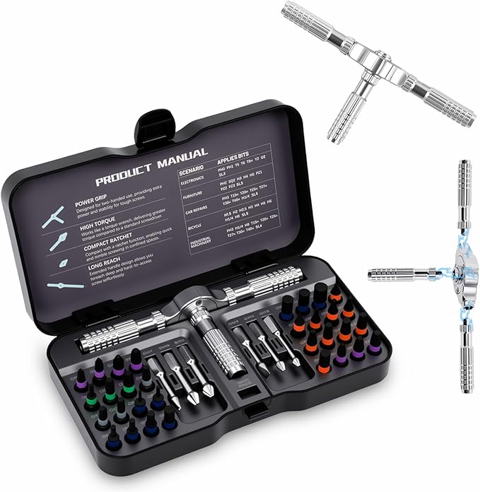 Ratcheting Screwdriver Set, 40-in-1 Magnetic Multi-Bit Driver with Dual-Direction Ratchet, Detachable T-Handle, Magnetic Booster, Extended Grip & Storage Box for Home Repair, Appliances & DIY