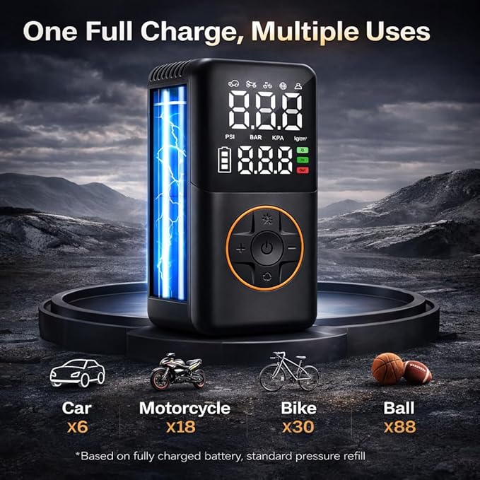 Tire Inflator Portable Air Compressor, 150PSI Cordless Electric Bike Pump, Portable Tire Inflator with LCD Pressure Gauge & LED Light, Portable Air Pump for Car, Motorcycle, Bicycle, Balls
