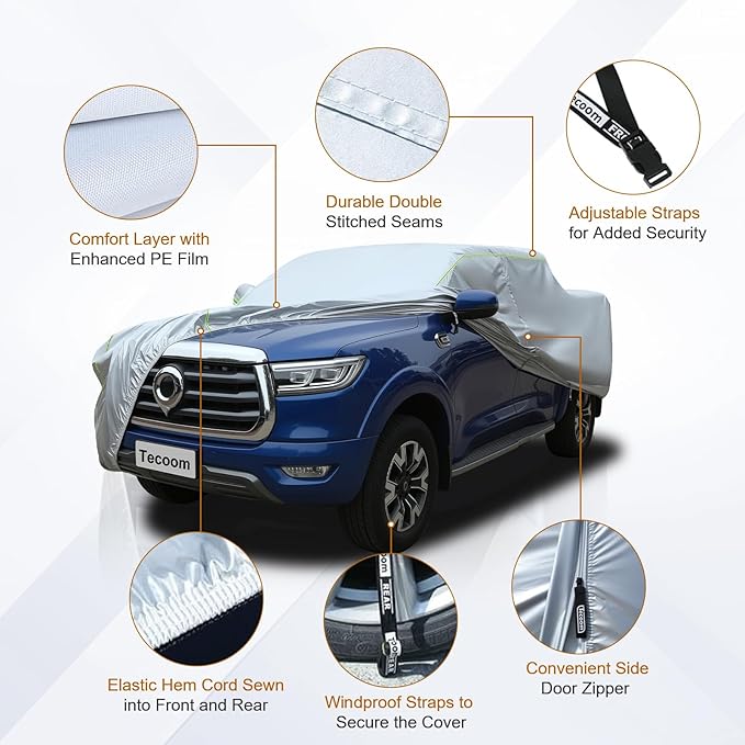 Tecoom Truck Cover Waterproof for Automobiles, Breathable Light Shell Windproof Sun Rain Snow Protection with Zipper Door & Lock, All Weather Outdoor Full Pickup Covers Fit Length Up to 252"
