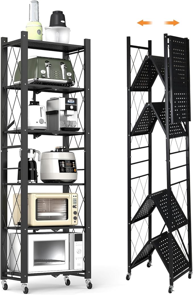 6-Tier Foldable Storage Shelves with Wheels, Folding Metal Shelf Unit, Folding Bookshelf no Assembly, Collapsible Shelves for Craft Shows for Kitchen, Bedroom, Living Room, Black