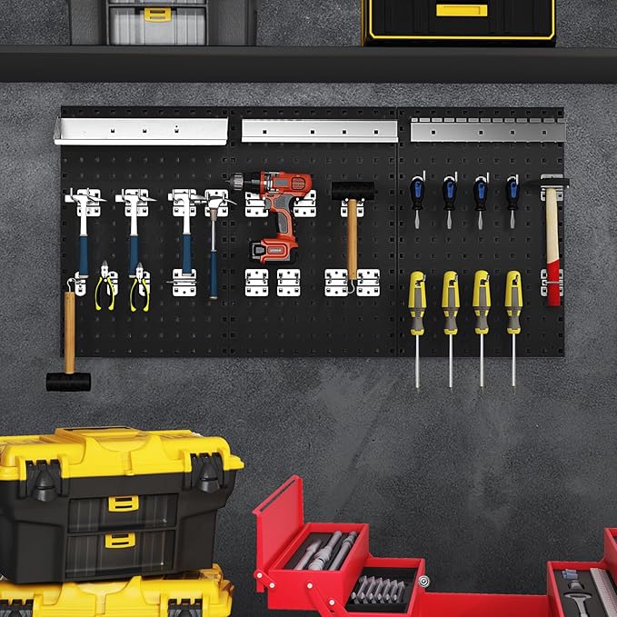 Goplus Garage Pegboard, Metal Pegboard Tool Organizer Kit with 3 Pegboards & 28 Pcs Hanging Accessories, Heavy Duty Wall Organizer Peg Board for Workshop, Tool Storage, Black
