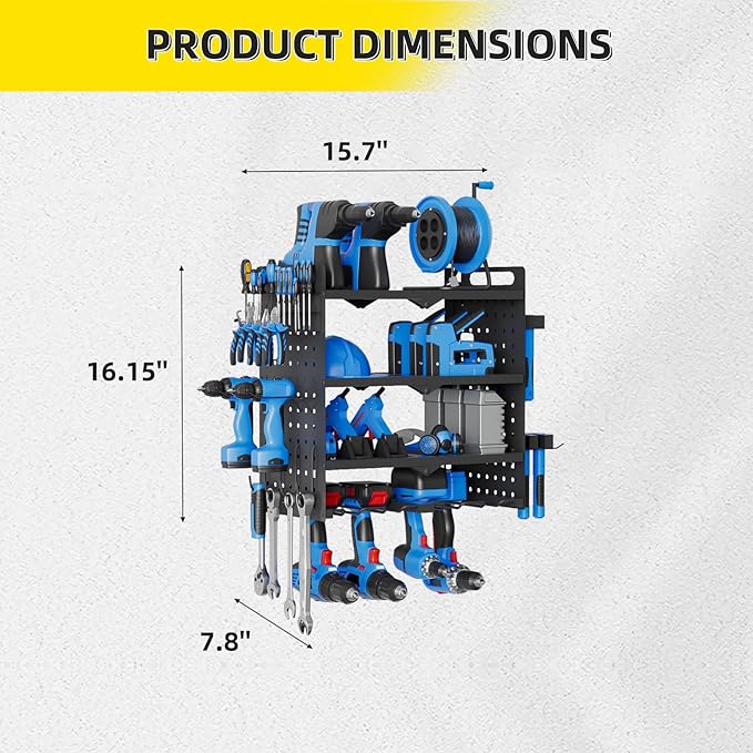 Power Tool Organizer Wall Mount with Charging Station, Drill Holder, Heavy Duty Storage Utility Racks, Supports 600 lbs,Battery Shelf for Garage and Workbench (16 Inch 4 Drills Holder)