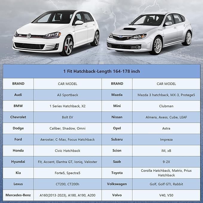 Car Cover Waterproof All Weather for Automobiles, Full Exterior Covers for Hatchback (163-178 inch) Universal Fit for Honda Fit, Toyota Matrix, vw Golf etc. Rain Winter Sun Snow Protection.