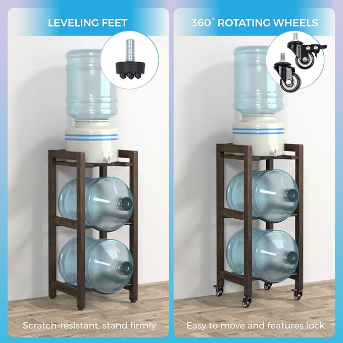 3-Tier 5 Gallon Water Jug Holder with Top Shelf – 4 Metal Wheels or Adjustable Feet – Natural Hardwood Water Dispenser Floor Stand – Wooden Organizer for Kitchen, Office, Garage – Space-Saving Design