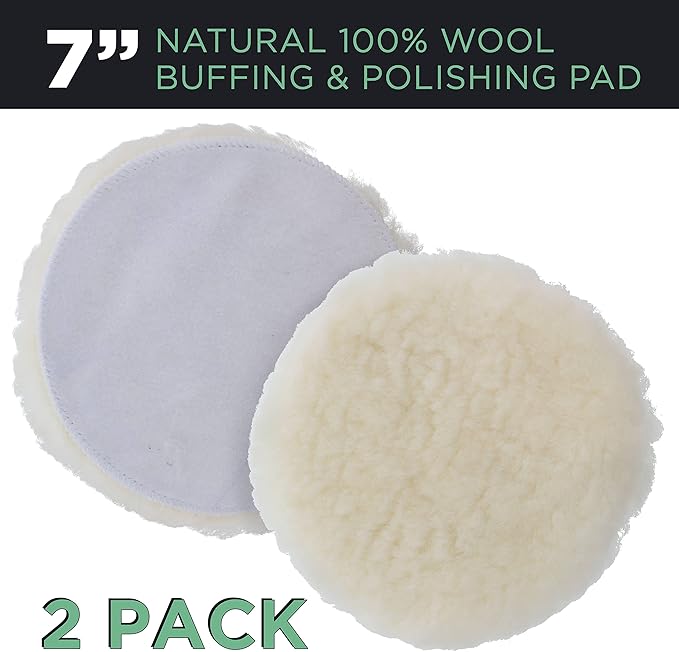 TCP Global Premium 7 Inch Wool Buffing Pads (2 Pack) - 100% Natural Wool Buffer Pads, Polishing Pad for Car Detailing - 1 Inch Thick Pile, Hook and Loop Buffing Pad for Orbital Buffer