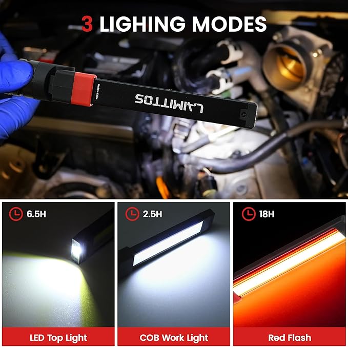 Rechargeable Work Light 2500mAh Magnetic LED Work Light Flashlight Mechanic Light Tool for Men Him, Foldable Lamp with Hook for Car Repair Emergency BBQ Grill (2 Pack)