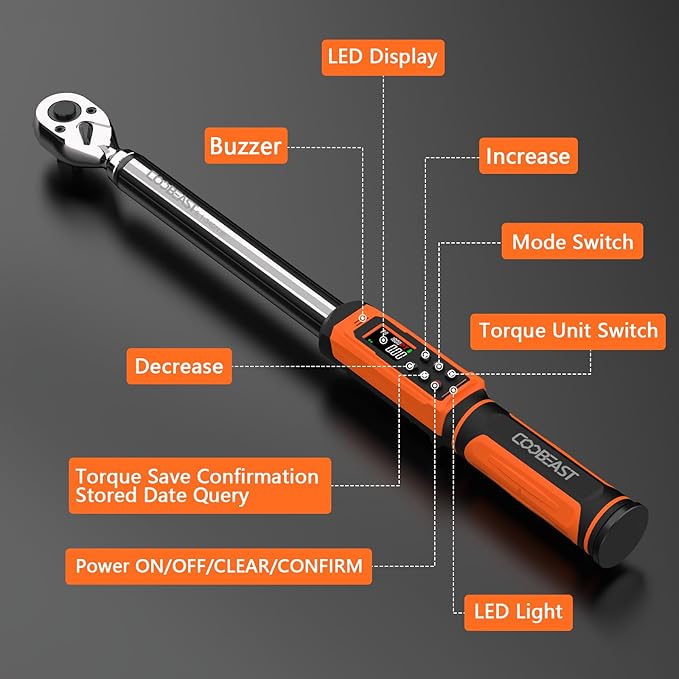 Digital Torque Wrench, 1/2 Drive Electronic Torque Screwdriver with Preset Value(3.76-250.8 Ft.lbs./5.1-340Nm), Buzzer and LED Flash Five Units of Measure Torque Wrench for Motorcycle, Auto Repair
