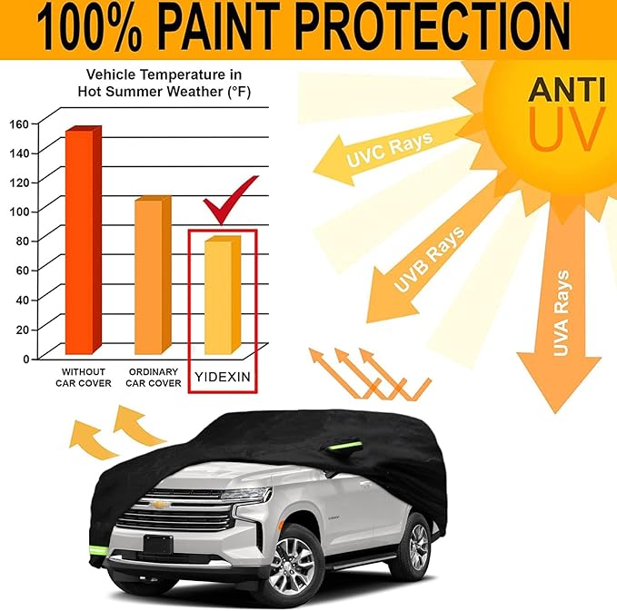 YIXIN Waterproof Car Cover for 2007-2026 Chevrolet Tahoe/GMC Yukon/Cadillac Escalade Car Cover Custom Fit 100% Waterproof Windproof Strap & Single Door Zipper Up to 213” L (Black)