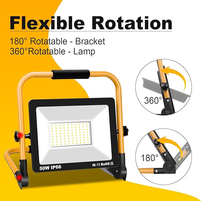 Willpower Portable LED Work Light 50W Job Site Lights 5000LM IP66 Waterproof Construction Floodlights Outdoor with Stand 6000K Daylight White for Camping Workshop Garage with 3.5m Wire Plug