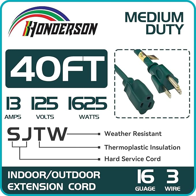 40FT Outdoor Extension Cord-16/3 SJTW Durable Green Extension Cable with 3 Prong Grounded Plug for Safety,Great for Outside Christmas Decorations