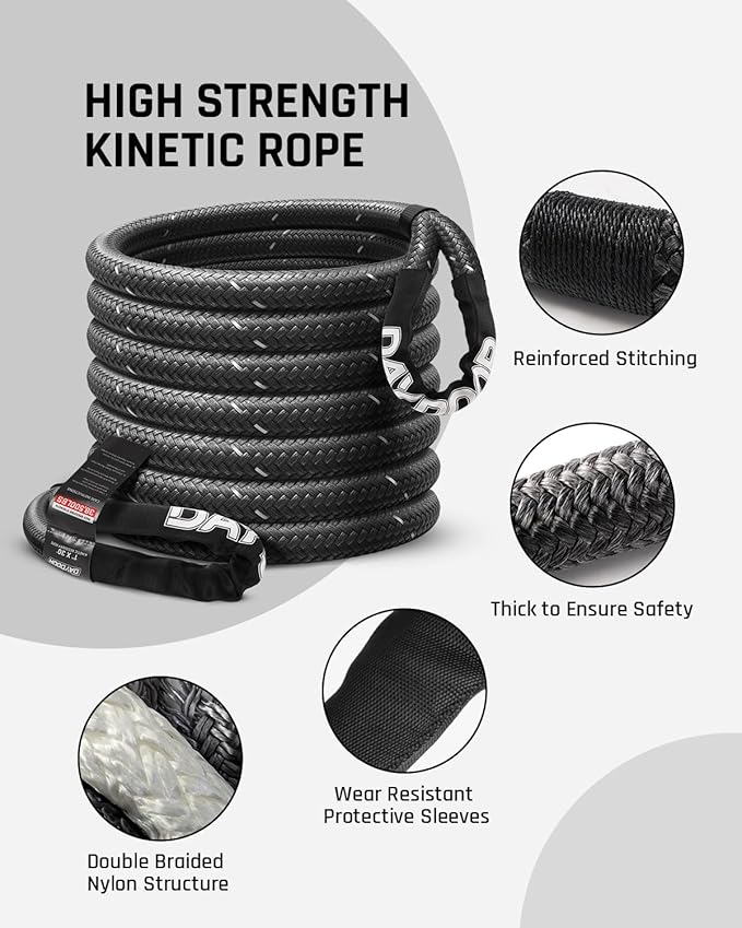 DAYDOOR Kinetic Recovery Rope Kit with 2 Soft Shackles, 1 Inch x 30ft 38,500Lbs Offroad Snatch Strap, 30% Elasticity, High-Visibility Reflective for ATV, UTV, Truck, 4x4 Offroad Vehicle (Gray)