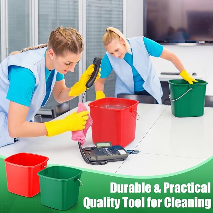 Zhehao 6 Pcs 3 Quart Bucket for Cleaning Small Sanitizer Bucket for Restaurant Square Plastic Pail with Handles for Home, Offices, Commercial Use, Food Service (Red,Green)
