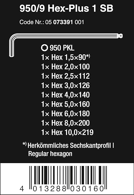 Wera 05073391001 950/9 Hex-Plus 1 SB L-key set, metric, chrome-plated, 9 pieces