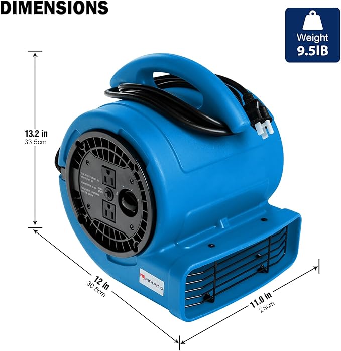 MOUNTO 1/5hp Air Mover 800cfm Blower Fan Carpet Floor Drying Fan - 3-Speed Compact Air Mover w/Dual Outlet, 10ft Power Cord for Drying, Cooling, Air Circulation (Blue)