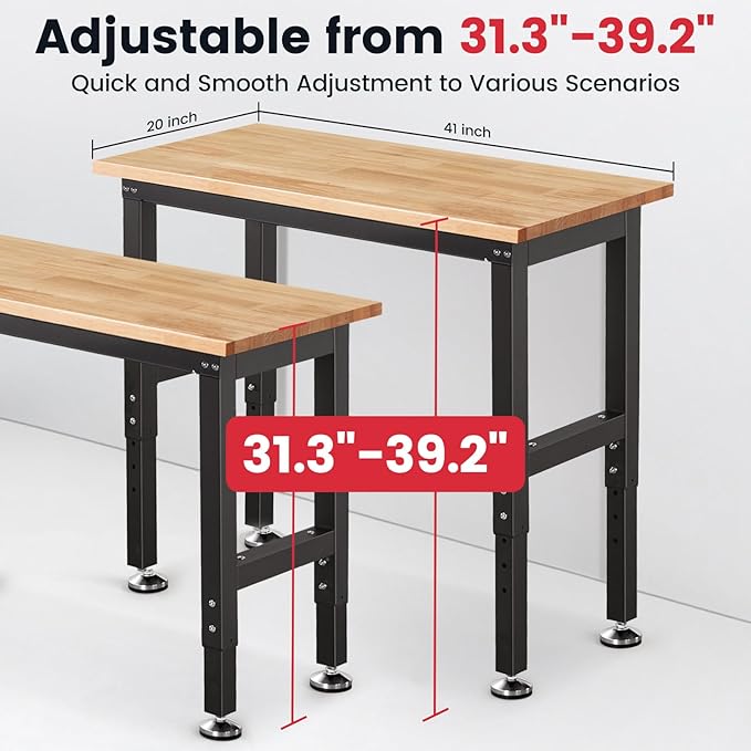 ENJOYWOOD Work Bench 41 Inch Workbench for Garage Adjustable Height Heavy Duty Work Table Rubberwood Tabletop for Cutting Wood Shop Home Office Electronic Woodworking