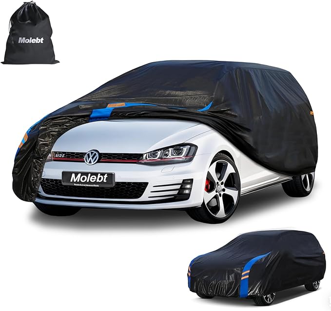 Car Cover Waterproof All Weather for Automobiles, Full Exterior Covers for Hatchback (163-178 inch) Universal Fit for Honda Fit, Toyota Matrix, vw Golf etc. Rain Winter Sun Snow Protection.
