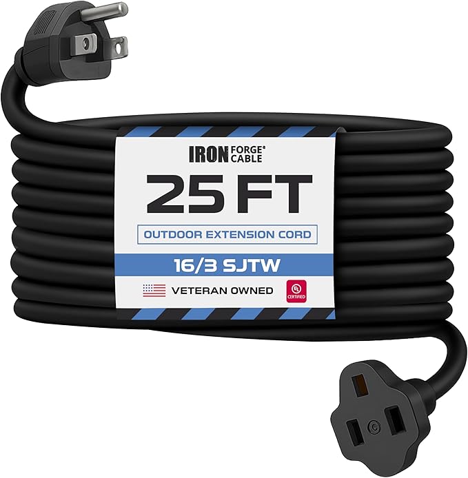 Iron Forge Cable 25 Ft Black Extension Cord, 16/3, 25 Foot Extension Cord, 3 Prong, Weatherproof - Great for Outside Use