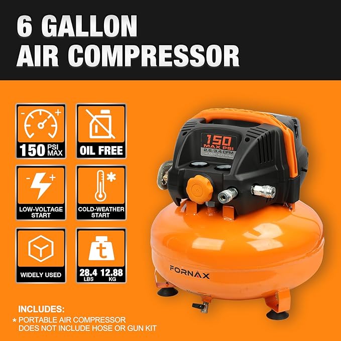 FORNAX Pancake Air Compressor with two couplers, 6 Gallon Portable Electric air compressor, 150 PSI, Oil -Free with 14 PCS Air Compressor Accessories Kit (Kits)