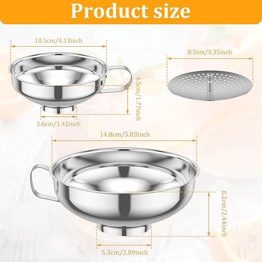 3-Piece Stainless Steel Canning Funnel Set with Strainer, Wide Mouth Mason Jar Funnels for Kitchen, Metal Funnel for Filling Bottles, Canning Supplies for Preserving, Dishwasher Safe