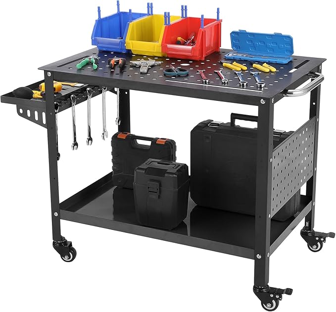 36x24 Steel Welding Table,1200 Lb Portable Welding Fixture Table for Shop,Rolling Welding Table with 5/8" Holes for Shop Garage (Black, with Tool Tray)