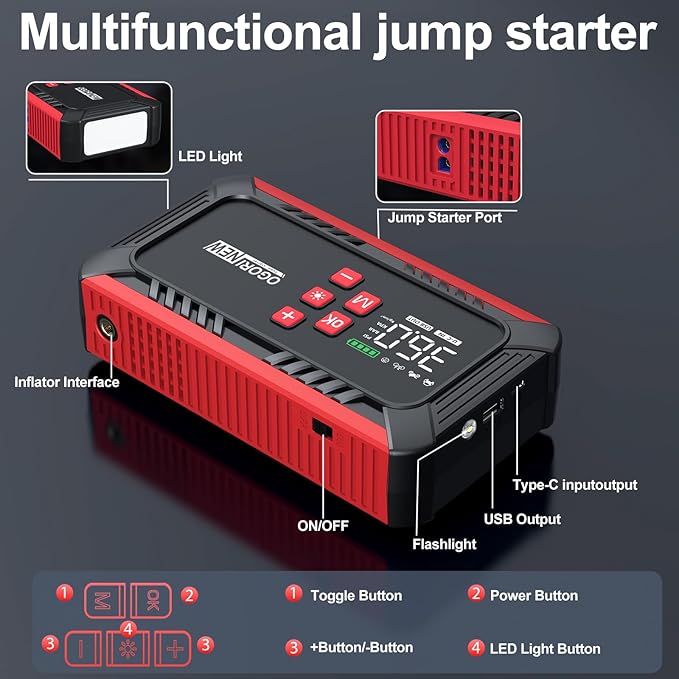 8000A Jump Starter with Air Compressor, 26800mAh Car Battery Jump Starter (All Gas/16.0L Diesel) with 150PSI Auto-Shutoff Tire Inflator, 12V Jump Box with Booster, Jumper Cables, Cigarette Lighter
