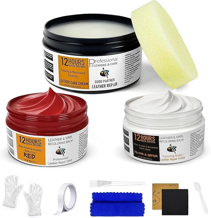 12H Quick-Dry Leather Repair Kit with 3.53Oz Red Leather Recoloring Balm, Filler & 4.23Oz Care Cream, 3-in-1 Vinyl Repair Set for Sofa, Car Seats, Jackets, Purses, Shoes, Faux Leather and More