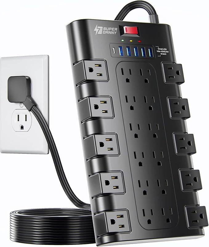 Flat Plug Power Strip, SUPERDANNY Surge Protector with 22 AC Outlets and 6 USB Charging Ports, 1875W/15A, 2100 Joules, 6.5Ft Heavy Duty Extension Cord for Home Office, Dorm, Gaming Room, Black