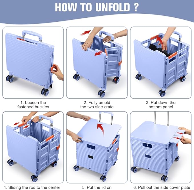 Foldable Utility Cart Folding Portable Rolling Crate with Magnetic Extended Lid,360°Rotate Wheels,176LBS Load Capacity,Heavy Duty Durable Dolly Cart for Teacher Tourist Shopping Office Outdoor