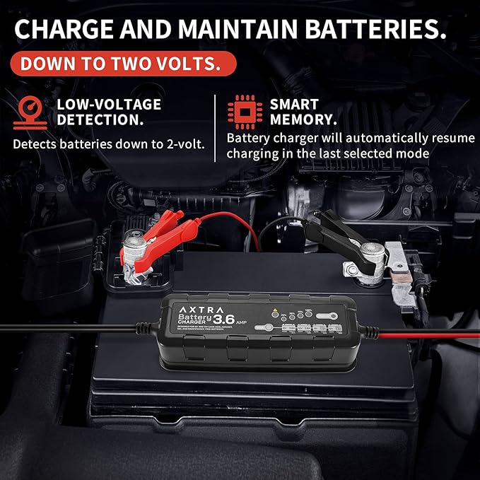 AXTRA 6V and 12V Car Battery Charger, 3.6-Amp Fully-Automatic Smart Battery Maintainer for Car, SUV, Truck, Motorcycle, Boat, RV, Lawn Tractors, ATV - (Lead Acid, AGM, Sealed, Gel, SLA, Flooded)