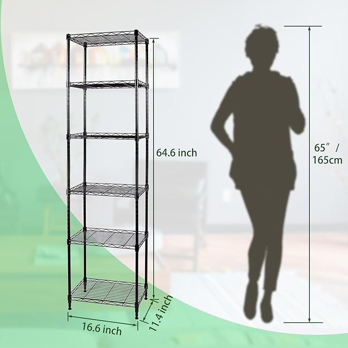 6-Wire Shelving Adjustable Shelves, Standing Storage Shelf for Laundry Bathroom Kitchen Pantry Closet Organization (Glossy Black, 16.6" L x 11.4" W x 64.6" H)