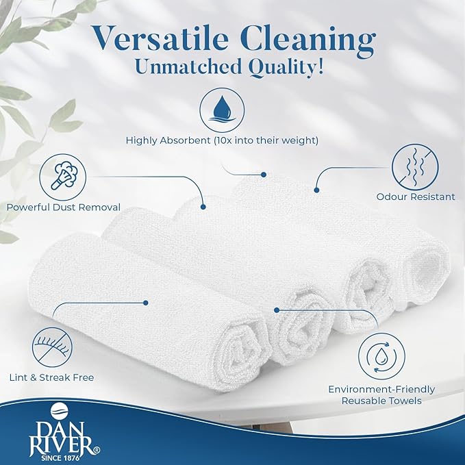 DAN RIVER 12-Pack White Microfiber Towels – Ultra Absorbent, Lint-Free & Streak-Free dust Cloths for Home, Car & Kitchen - Must-Have Cleaning Essentials - 12" x 12"