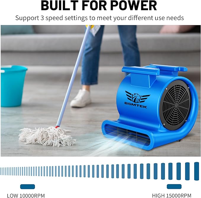 Air Mover Blower Fan, Industrial 1.5HP MAX10000CFM Monster Floor Blower Carpet Dryers - 3 Speeds, 4 Adjustable Angles, 15FT Long Cord, Stackable Blue- 2026 Upgraded