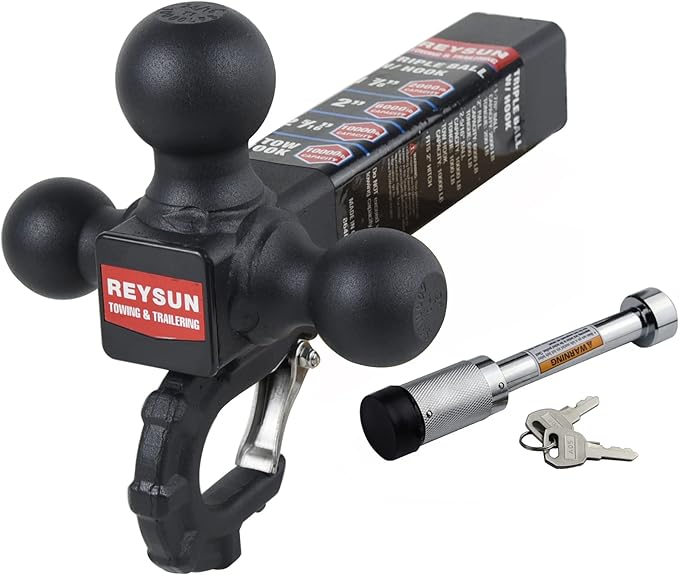 Trailer Hitch 864011L Tri Ball Mount with Hook, Tactical Tow Hook, Fits 2 inch Hitch Receiver, Secure with Self-Lock Latch, Matt Black, 5/8 Inch Hitch Lock Included…