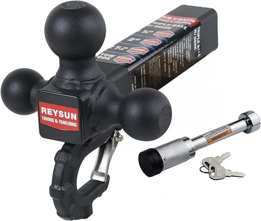 Trailer Hitch 864011L Tri Ball Mount with Hook, Tactical Tow Hook, Fits 2 inch Hitch Receiver, Secure with Self-Lock Latch, Matt Black, 5/8 Inch Hitch Lock Included…