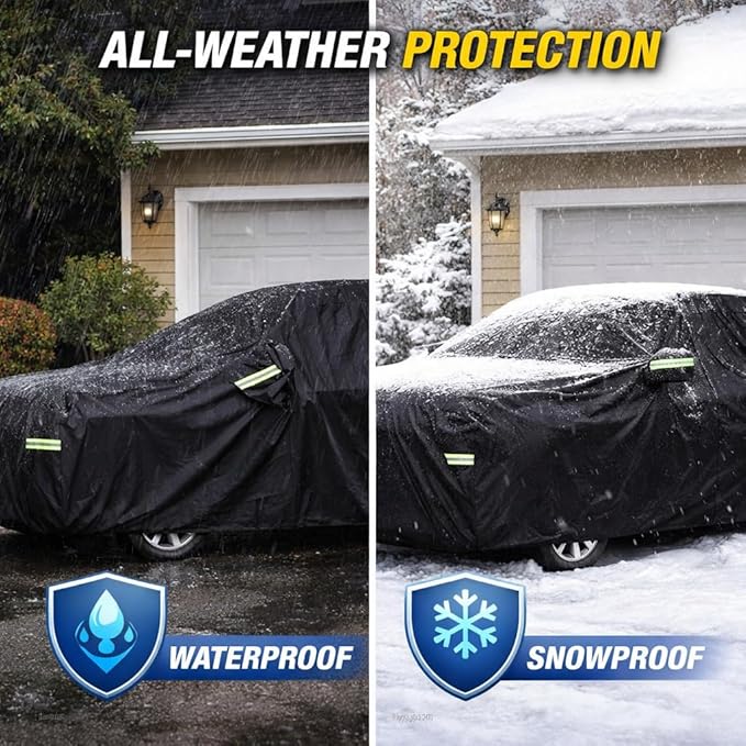 Car Cover Waterproof All Weather for Automobiles, Outdoor Full Exterior Sedan Covers Black(Suggest Car Length from 186"-193")