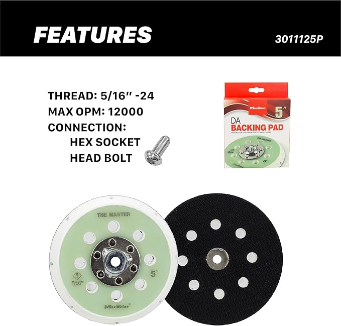 Maxshine 5" Universal Dual Action Backing Plate Pro Series – Hook & Loop, 5/16" Thread – Fits DA Polishers Up to 12,000 OPM – Sand, Buff, Polish & Finish – Auto Detailing Accessory