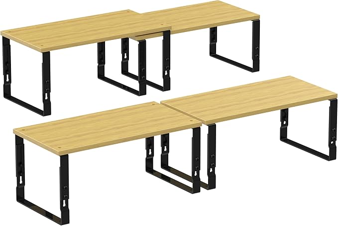 Kitchen Cabinet Organization Shelf，Set of 2 Height Adjustable Storage Racks，Stackable，Expandable，Countertop Shelves Organizer，Pantry Shelving(2PACKS/Large/Black)